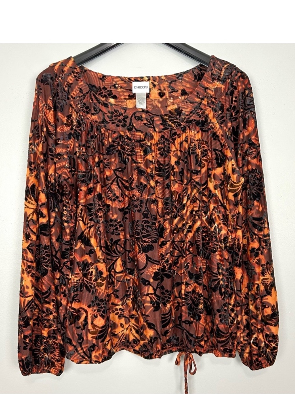 Chico’s Burnout Velvet Peasant Blouse Women’s Size L Floral Boat Neck Silky Boho